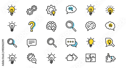 Creative thinking and innovation icon set with lightbulbs, brains, and gears in a modern thin line style.