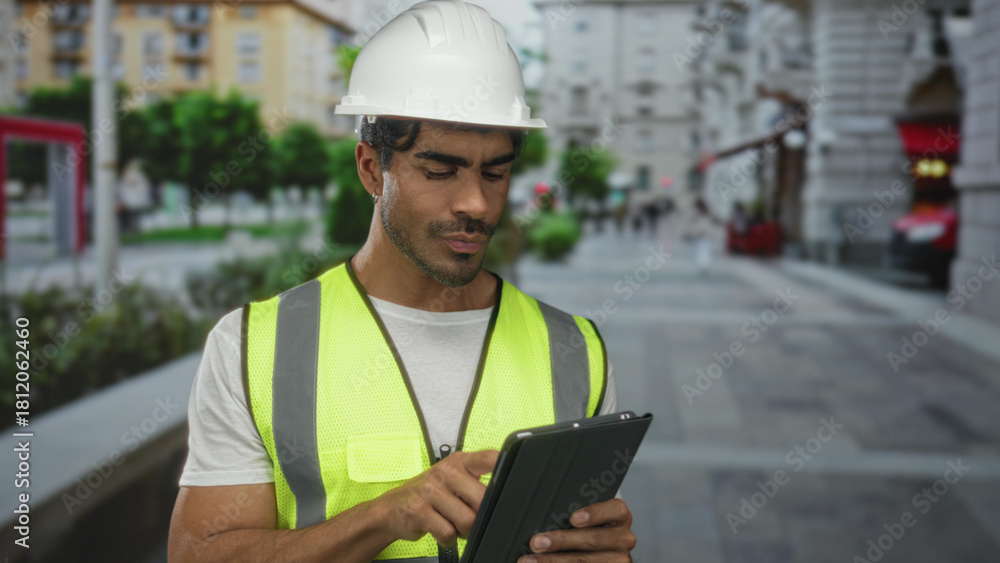 Fototapeta premium Man engineer tapping tablet on street in white tshirt and neon vest; concentration planning productivity efficiency.
