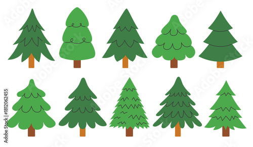 Set of Christmas trees in a flat cartoon style isolated on a background. Vector New Year and Christmas illustrations.