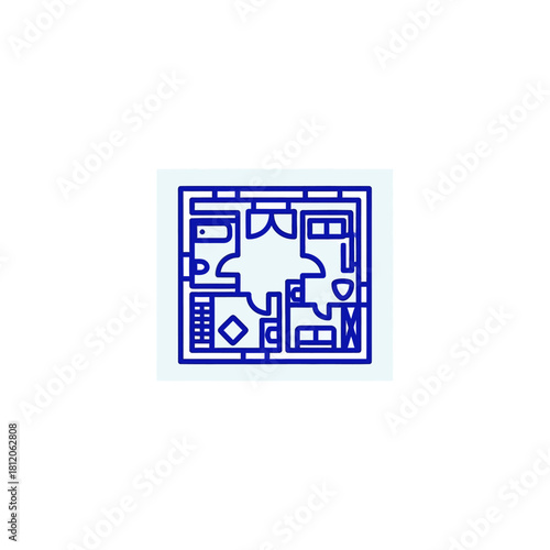 Detailed architectural floor plan blueprint with rooms, furniture, and fixtures.