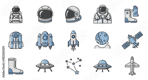 Detailed Astronaut Suit Icon with Helmet, Gloves, and Boots in Vector Style.