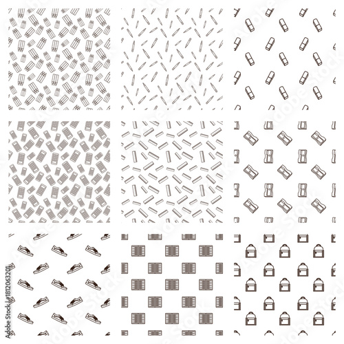 line art pattern set of color pencil, pencil, calculator, ruler, pencil sharper, shoes, book and backpack