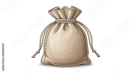 A beige drawstring pouch with a rounded bottom and gathered top