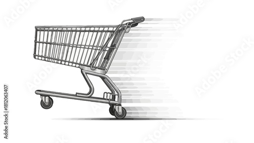A black and white illustration of a shopping cart in motion