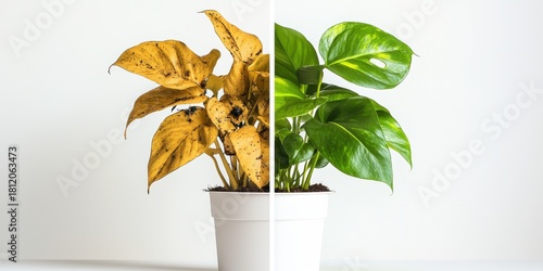 Before and after concept showing dying and thriving plant leaves in pot on clean background