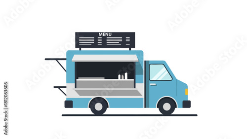 A blue food truck with a menu sign and open service window