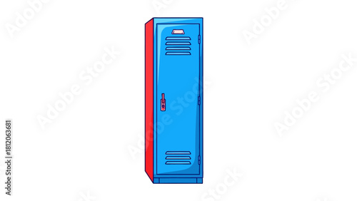 A blue locker with a red side is centered on a white background