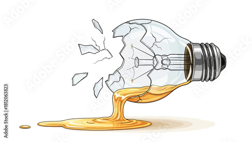 A broken lightbulb with liquid spilling out onto a white surface