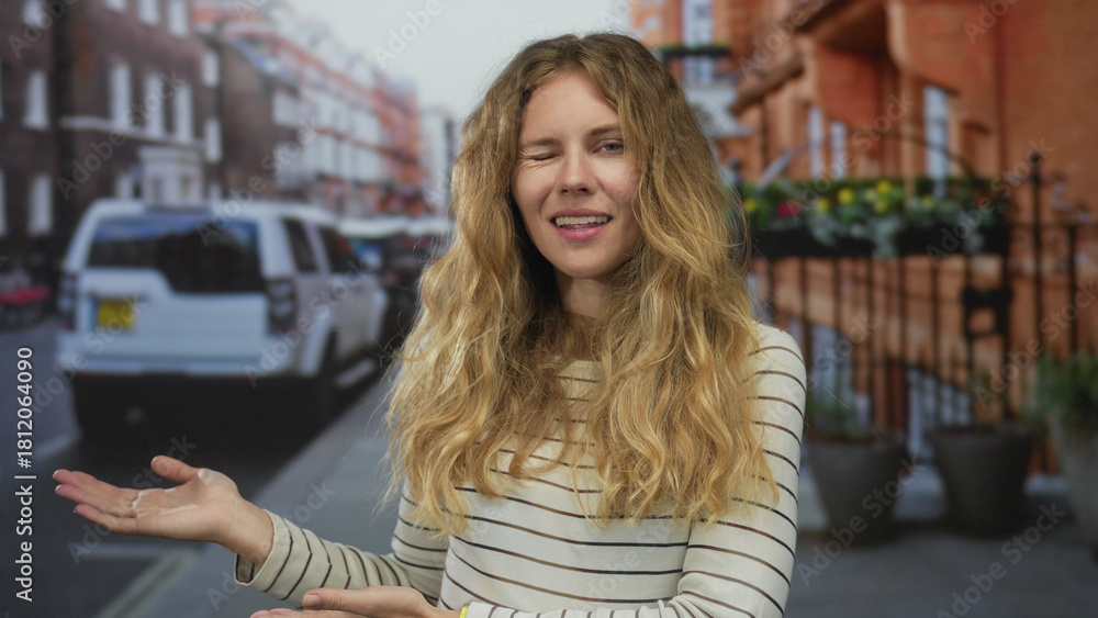 Fototapeta premium Confident woman with hand raised presenting street scene captures a blonde young model smiling against an urban outdoor city backdrop.