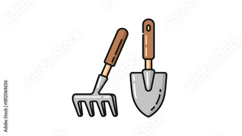A cartoon illustration of a hand rake and a hand trowel
