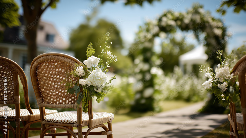 Obraz premium Empty area with wicker chairs and floral arch faceless wedding setup defocused garden background sunny summer day outdoor ceremony preparation romantic venue arrangement
