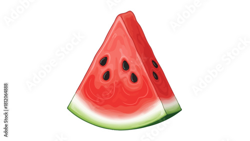 A cartoon slice of red watermelon with black seeds and a green rind