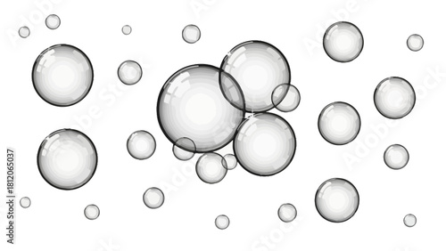 A collection of grey and white bubbles of various sizes on a white background
