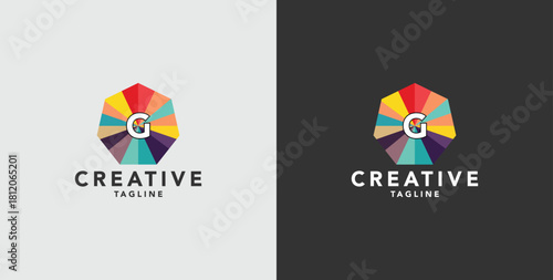 Digital colorful abstract icons, elements and symbols with initial G logo, template