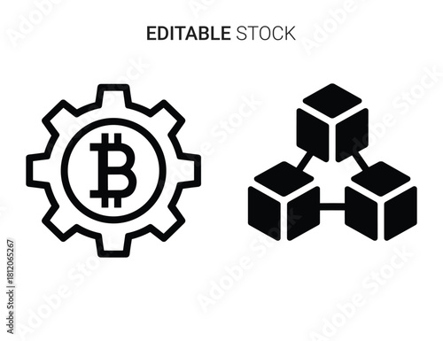 Blockchain network and bitcoin processing concept with interconnected cubes and gear icon