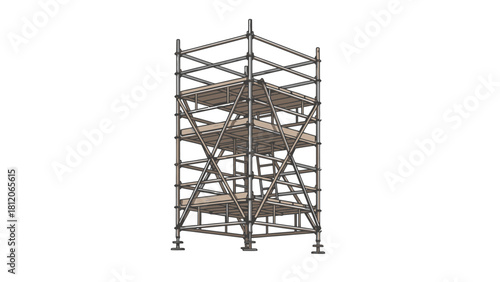 A detailed 3D render of a multilevel scaffold tower against a white background