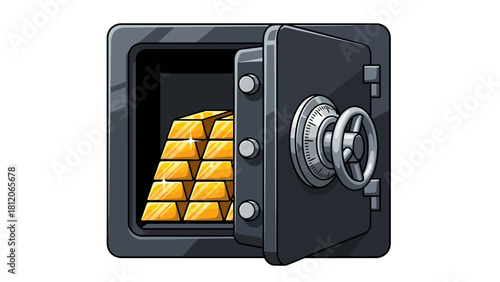 A digital illustration of an open safe filled with gold bars and a dial lock