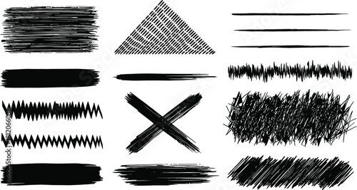 Collection of Hand-Drawn Design Elements Various Textured Strokes, Lines, Crosses, and Shapes for Creative Projects