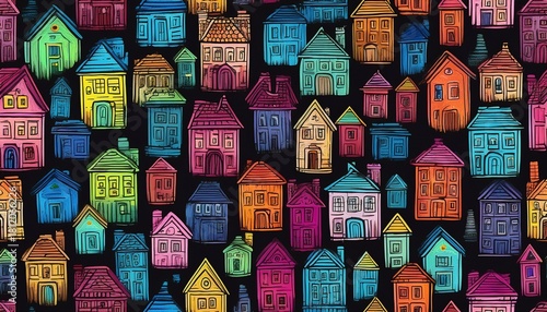 colorful chalk cottages on blackboard seamless pattern