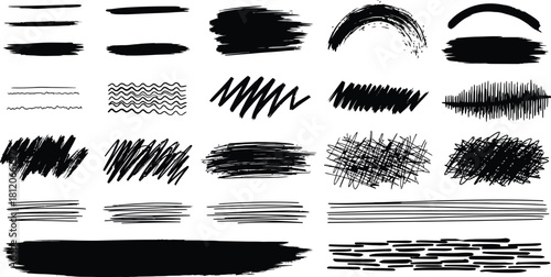 Abstract hand-drawn graphic elements featuring a variety of black brush strokes, textured lines, scribbles, and organic paint marks for digital design projects