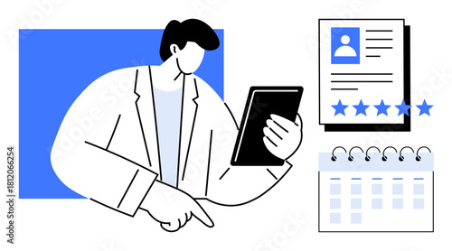 Man analyzing candidate profiles on a tablet with performance ratings and a calendar for scheduling. Ideal for recruitment, HR management, talent acquisition, hiring strategies, performance