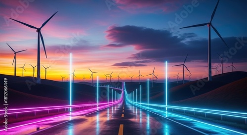 A futuristic road with wind turbines and neon lights at sunset.