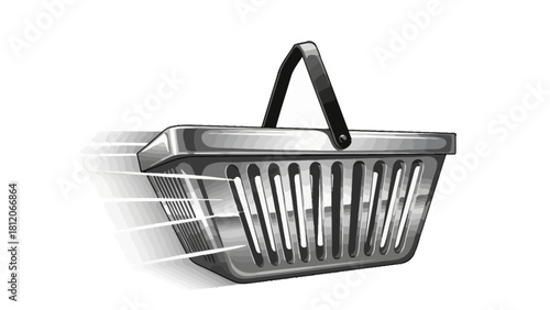 A grayscale shopping basket on a white background with speed lines