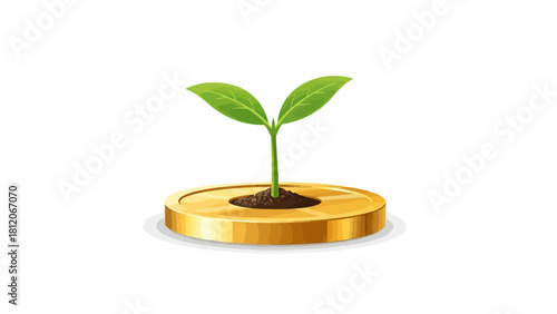 A green seedling sprouts from a gold coin