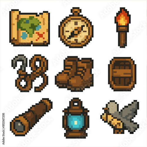Embark on a Pixel Adventure with this Collection of Pirate Treasures and Tools, perfect for game development, graphic design, or adding a touch of retro charm