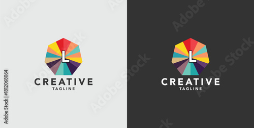 Digital colorful abstract icons, elements and symbols with initial L logo, template