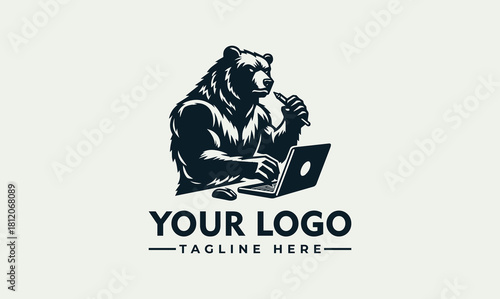 Dynamic Bear Mascot Vector Logo Design for Tech and Creative Brands. Powerful animal illustration for digital business identity, symbolizing strength, intelligence, and productivity at the laptop