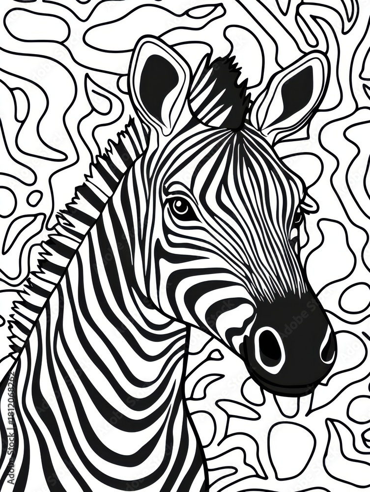 Naklejka premium Black and white zebra illustration with abstract background for coloring pages