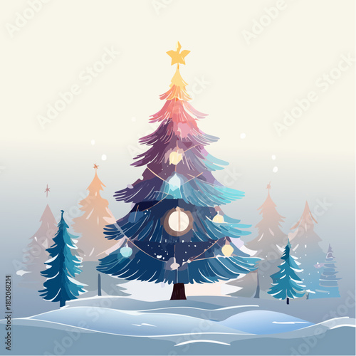 Capture the enchanting spirit of the season with this festive winter wonderland scene. A beautifully decorated Christmas tree radiates holiday cheer, perfect for greeting cards and seasonal designs.