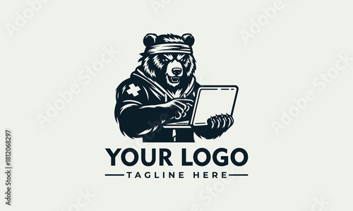Powerful Bear Mascot Character Working on Laptop Vector Logo Design Concept Illustration for Modern Technology and Business Branding