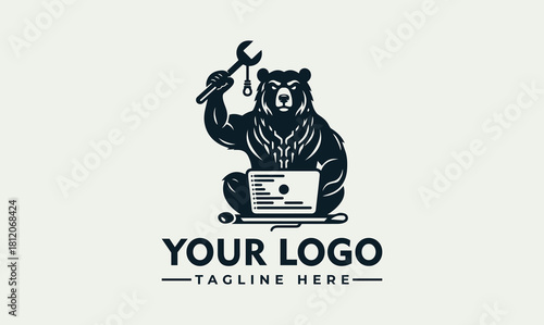 Dynamic Bear Mascot Vector Logo Illustration Featuring a Mighty Bear Holding a Wrench and Working on a Laptop, Ideal for Tech Repair, IT Support, or Modern Engineering Brand Identity