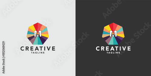 Digital colorful abstract icons, elements and symbols with initial M logo, template