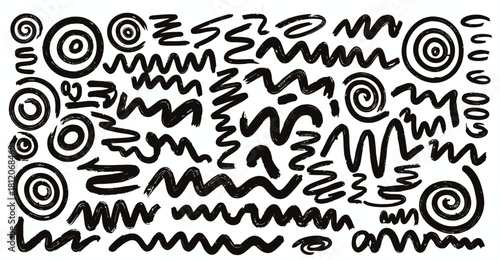 A Collection of Hand-Drawn Squiggles and Swirls in Black and White, Ideal for Creative Projects and Artistic Expression