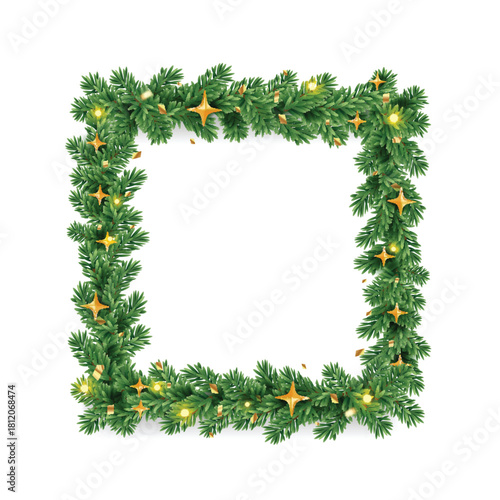 Christmas square pine tree wreath frame with glowing Christmas lights. Christmas tree decoration. Holiday fir twigs with green needles garland. Festive winter season frame,