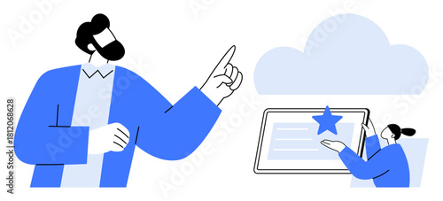 Two professionals engage in teamwork as one gestures towards the cloud and another interacts with a digital tablet. Ideal for cloud computing, teamwork, data sharing, collaboration, remote work
