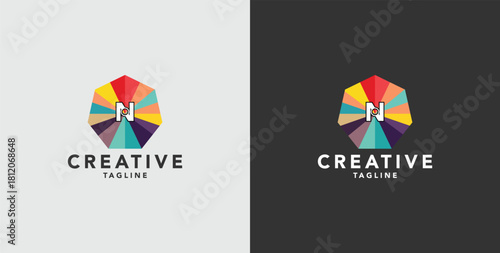 Digital colorful abstract icons, elements and symbols with initial N logo, template