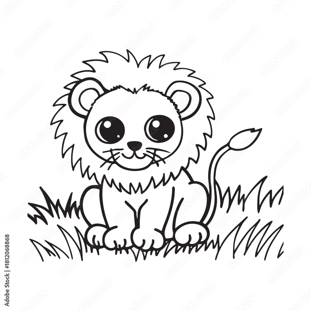 Obraz premium Cute Lion Cub Sitting in Grass Line Art