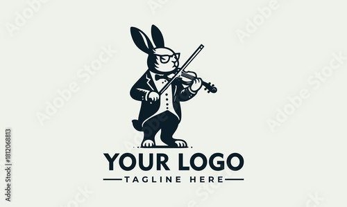 Vector logo of an anthropomorphic rabbit wearing a tuxedo playing violin, ideal for branding