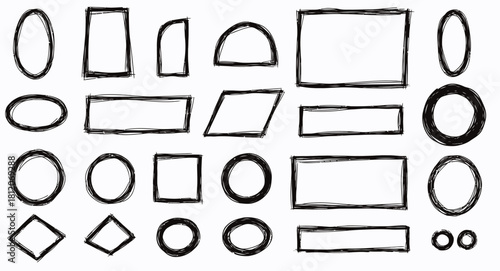 A diverse collection of hand-drawn sketch frames and geometric shapes. Black ink doodle borders, circles, squares, and ovals for graphic design elements. Editable vector illustration set