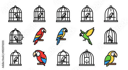 Colorful Parrots in Various Poses, Perched and Flying, with Detailed Feather Patterns.