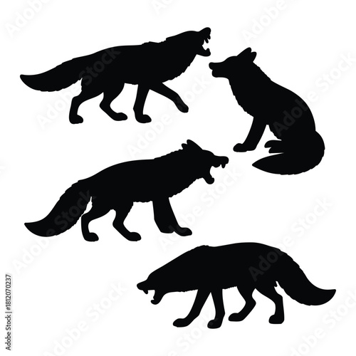 Fierce black wolf silhouettes with open mouths and tense stances, expressing primal forest emotion