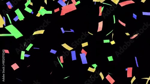 Large colorful paper confetti falling slowly on black screen for party new year event celebration overlay