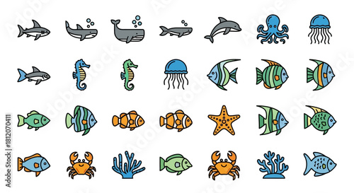 Colorful Sea Creatures Collection - Fish, Sharks, Whales, Seahorses, Jellyfish, Starfish, Crabs, and Coral Icons.