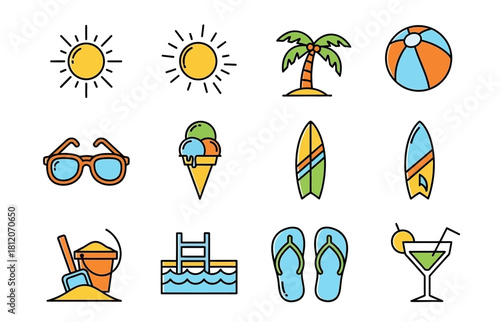 Colorful summer vacation and beach icon set with a hand-drawn, outlined style, featuring sun, palm tree, surfboard, and cocktail elements.