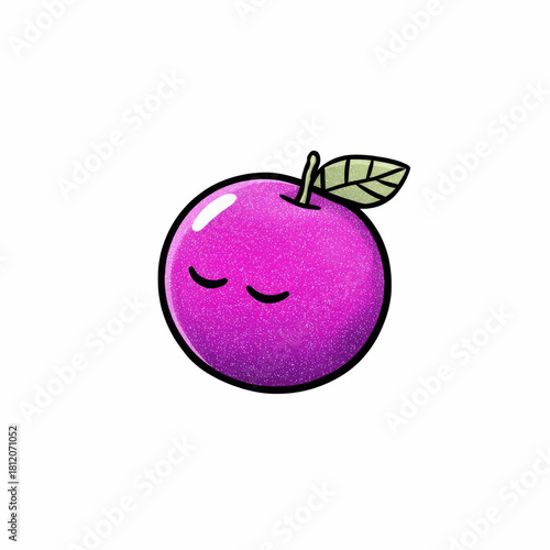 Cute cartoon plum with closed eyes and a leaf, isolated on a grey background