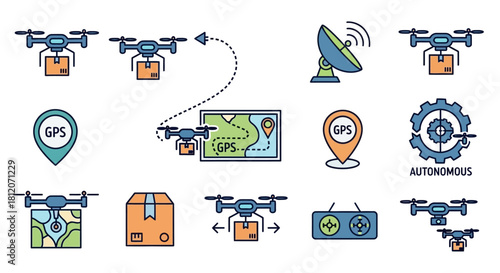 Colorful Vector Illustrations of Drones Delivering Packages and Navigating with GPS Technology.